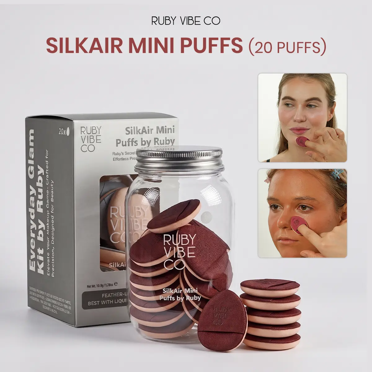RUBY VIBE CO SilkAir Mini Puffs - 20 Pack Triangle Powder Puff, Finger Powder Puffs and Mini Makeup Puffs for Setting Powder and Face Powder Application, Soft Reusable Makeup Accessories