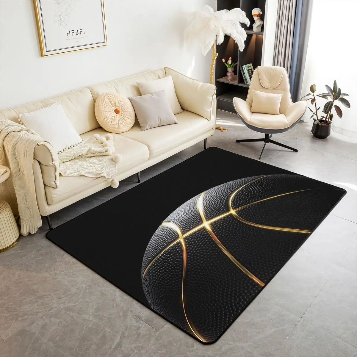 Basketball Living Room Rugs for Bedroom 3x5 Gaming Sports Decor Carpet Ball Games Area Rug Soft Gift for Basketball Lover Gold and Black Room Decor