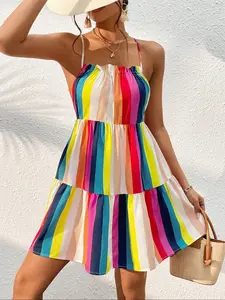 Women's Boho Rainbow Striped Backless Halter Neck Dress, Fitted Woven Fabric, Comfortable Vacation Wear, Perfect for Beach & Travel