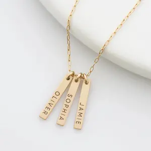 [Engraving(X4)]Engraved Vertical Bar Necklace With Multiple Names Dainty Bar Necklace for Mother's Day Gift Custom Bar Name Necklace Personalised Jewelry Engraved Name Date Golden Pendant For Women Gift