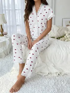 Women's Cute Heart Print Lace Trim Two-Piece Pajama Set, Soft Cozy Short Sleeve Top & Long Pants Loungewear, Casual Comfy Nightwear Homewear for All Seasons