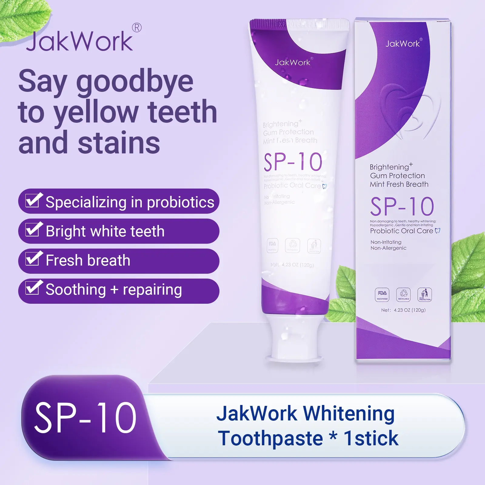 JAKWORK SP-10 Probiotic Toothpaste, Menthol Mint Flavor - Gentle Daily Oral Care for Enamel Repair, Whitening, Long-Lasting Fresh Breath (4.23 oz), Gum Health, Deep Clean, Stain Removal, 120G