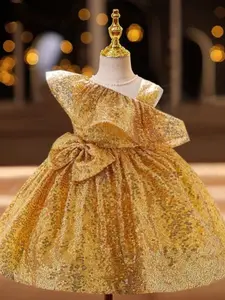 Toddler Girl's Glitter Sequin Bow Decor Formal Dress, Elegant Asymmetrical Neck Sleeveless Party Gown, Kids Clothes for All Seasons