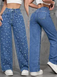 Spring Summer High Waisted Design Elastic Denim Women's Jeans, Washed Blue Pearl Embellished, Casual Fitted Wide Leg Pants, Daily Commute Vacation Wear