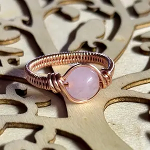 Copper and Rose Quartz Wire Wrapped Ring - Elegant Design with Smooth Finish and Simple Band