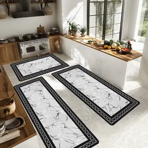1/2/3pcs Stylish Marble Kitchen Rug Set Non Slip - Modern Geometric Border Floor Mat, Waterproof & Stain Resistant Runner Rug for Hallway, Laundry Room & Kitchen Protection