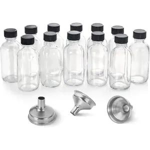 12 Pack, 2 oz Small Clear Glass Bottles w/ Lid & 3 Stainless Steel Funnels - 60ml Boston Sample Bottles - Mini Travel Essential or Decorative Bottles for Potion, Juice, Wellness, Ginger Shots, Whiskey