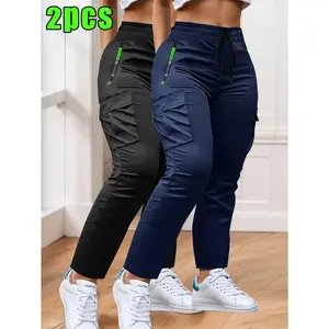 Women's 2-Piece Non-Stretchy Cargo Sports Pants - Drawstring Waist, Long Length, Baggy, Spring/Fall Olive Green Work Trousers for Outdoor, Everyday Use (Streetwear, Workout Wear)