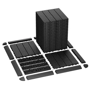 44 PCS Interlocking Deck Tiles + 30 Trims + 4 Corners, 12"x12" Plastic Outdoor Patio Flooring Boards 44 Sq.Ft.All Weather Use Patio Floor Decking Tiles Waterproof Non-Slip for Pool Porch Balcony Backyard