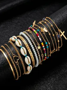 15-Piece Women's Ankle Chain Set, Layered Anklet, Bohemian Multi-Layer Heart Cross Shell Butterfly Eye Star Bead Rhinestone Snake Skin Anklets