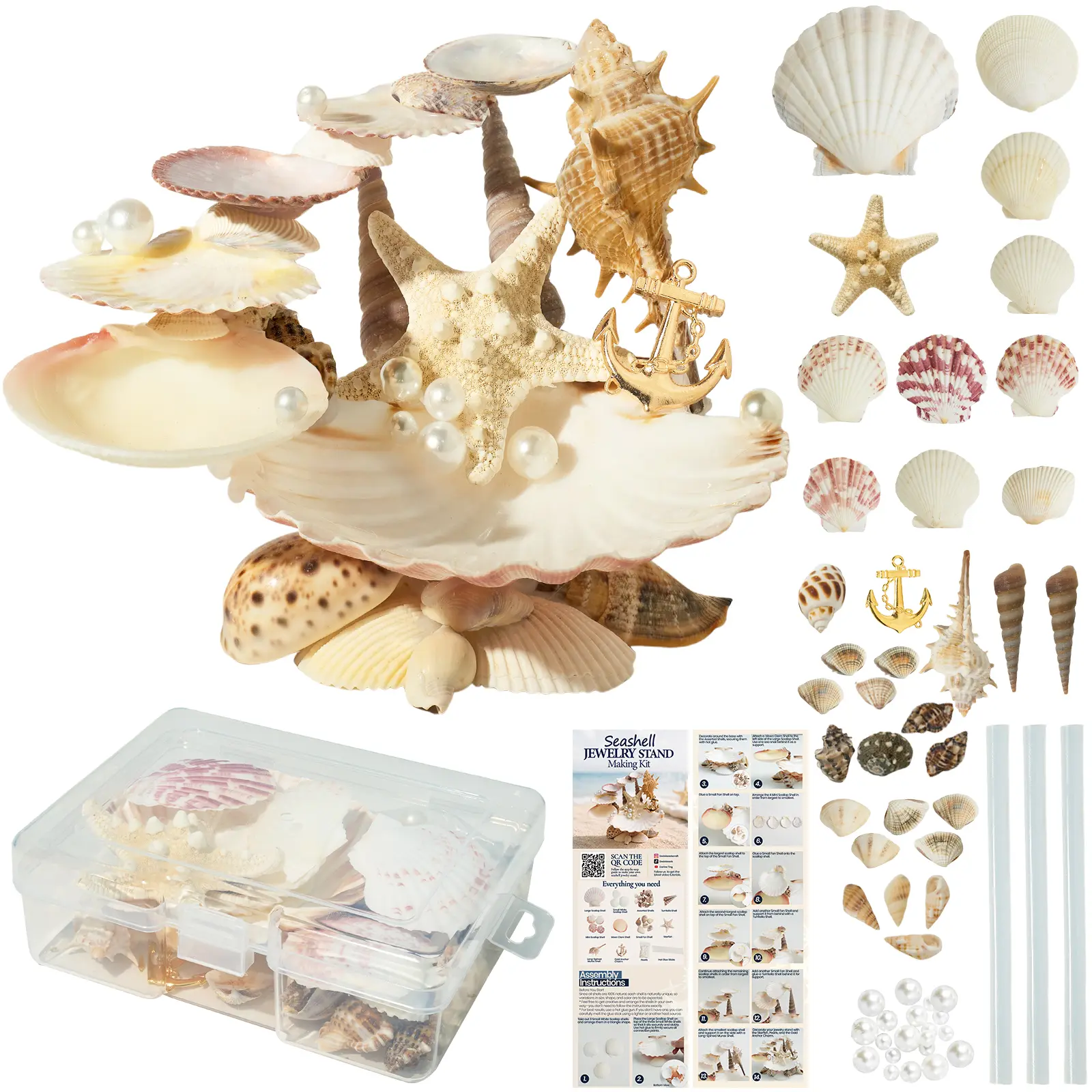 DIY Seashell Jewelry Stand Kit, Natural Shell Craft Set with Video Guide, Coastal Jewelry Holder & Decor Gift