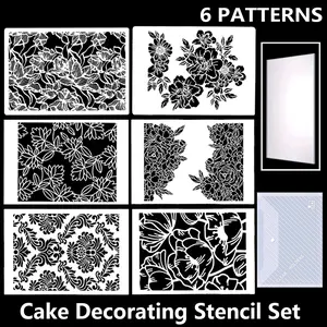 6-Piece Cake Decorating Stencil Set, Classic Floral Decor Style, with Cake Scraper and Storage Bag, Pastry Decorative Kit