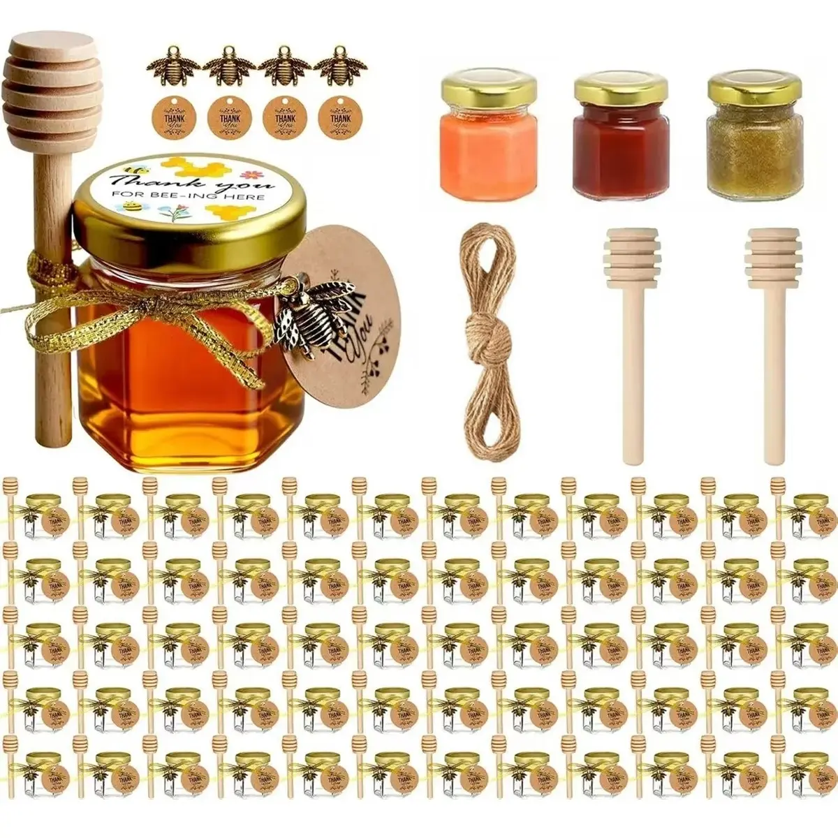 1.5oz Decorative Mini Glass Honey Bottles with Wooden Dippers, Gold Metal Lids, Bee Pendants, Gold Fabric Ribbons - Bulk Home Supplies Storage Jars, Honey Theme Birthday Party Favor, Desk Evening Table Accents, 2.5" Tall × 1.75" Diameter