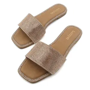 SILENTCARE Women's Open Round Toe Breathable Glitter Decorated Slip-On Flat Sole Sandals, Rhinestone Rubber Footwear for Summer Casual Wear Dressy Occasions,summervibes