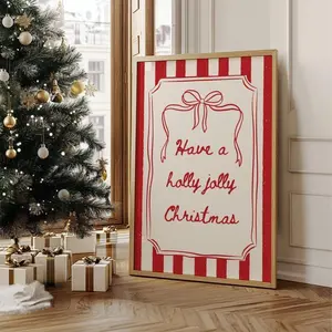 (No Frame) Holly Jolly Christmas Print Whimsical Christmas Art Holiday Winter Poster Trendy Xmas Aesthetic Retro Red Stripes Cozy Christmas Decor Gift