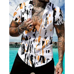 Men's Casual Geometric Print Button-Up Shirt - Short Sleeve Regular Fit with Orange/Black Contrast Design, Machine Washable for Beach & Casual Outings, Easy Care Clothing