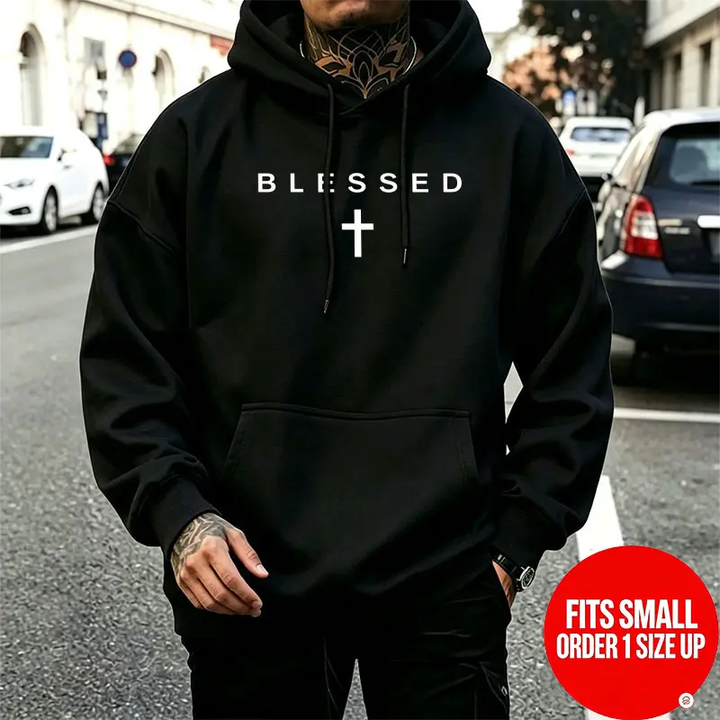 BLESSED minimalist hoodie with horizontal letter cross print, clean, simple typography, unisex oversized basic American sweatshirt [Runs small—order one size up]