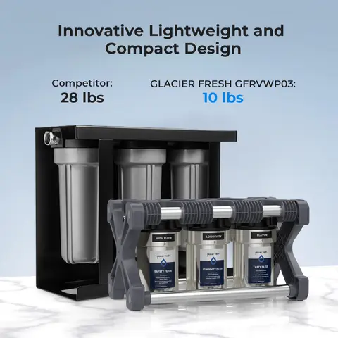 Glacier Fresh Compact 3-Stage Portable Water Filter System, Stainless Steel 0.2-Micron Sediment Carbon Waterfilter with 5-Inch Replacement Filters Set for Campers (Works 40-125°F)