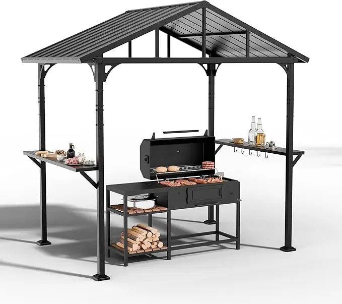 Kullavik 8'x5' Hardtop Grill Gazebo, Black Aluminum Outdoor Canopy with 2 Side Shelves, Iron/Polyester Top Option for Outdoor Barbecue Grilling Station