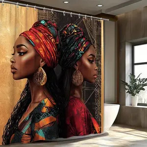 Colorful African girl printed shower curtain, Bathroom accessory, for bathroom decoration, beautifying space, made of durable polyester material, easy to clean, machine washable, available in multiple sizes, comes with shower curtain hooks