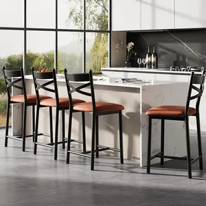 Gaomon 4-Piece Counter Height Bar Stools Set, PU Leather Upholstered X-Back Bar Chairs with Thick Padded Seats, for Kitchen Island, Dining Room