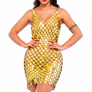 Women Sparkly Sequin Chainmail Mini Dress Gold Dots Nightclub Dress Sleevess V Neck Body Chain Dress