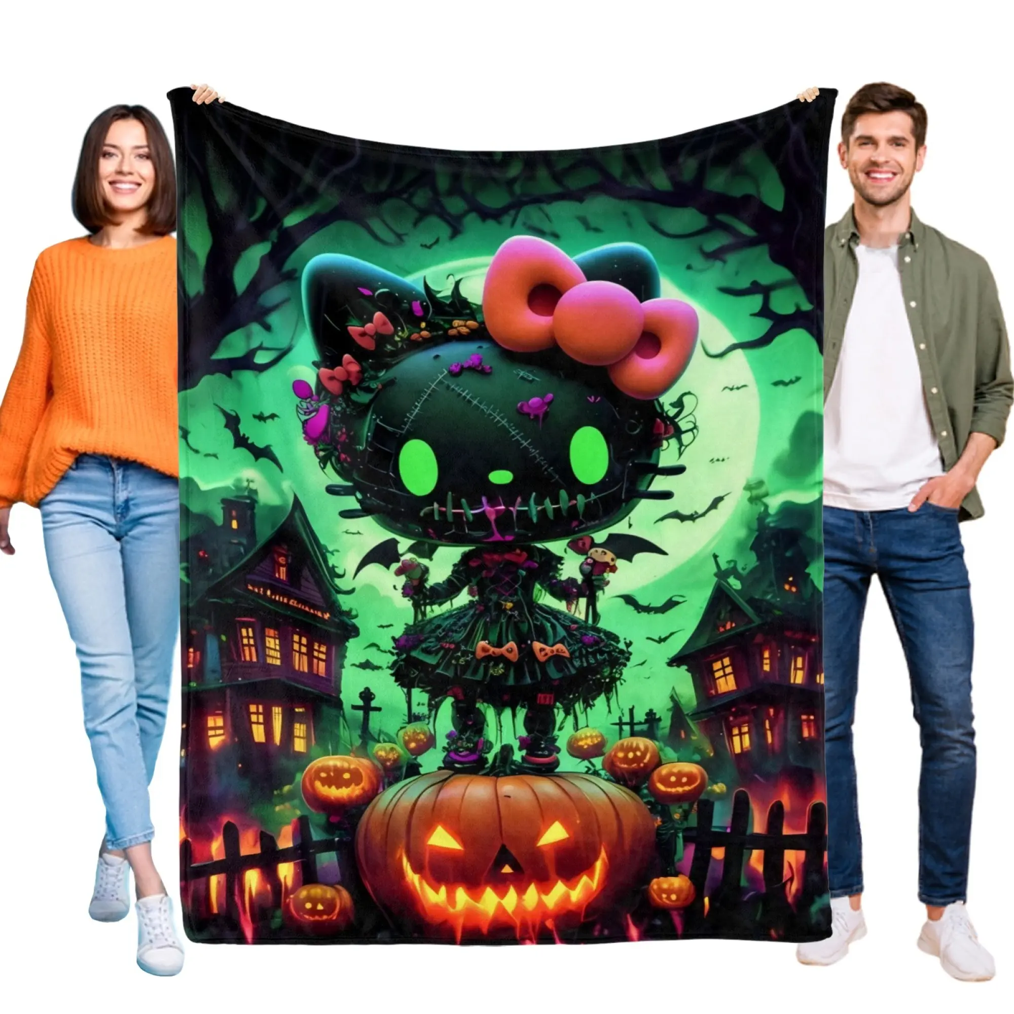 Spooky Bow Cat Halloween Blanket – Cute Horror Kitty Throw Blanket with Pumpkin & Haunted House, Cozy Christmas Gift for Kids & Teens, 4 Sizes