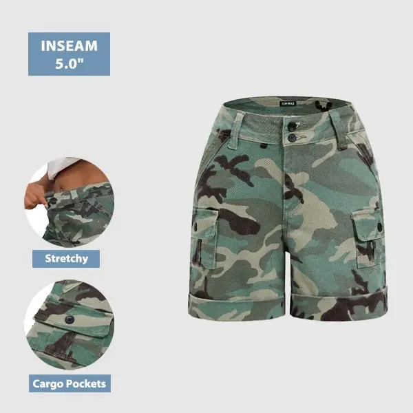 Flamingals Camo Print Roll Hem Flap Pocket Mid Rise Shorts