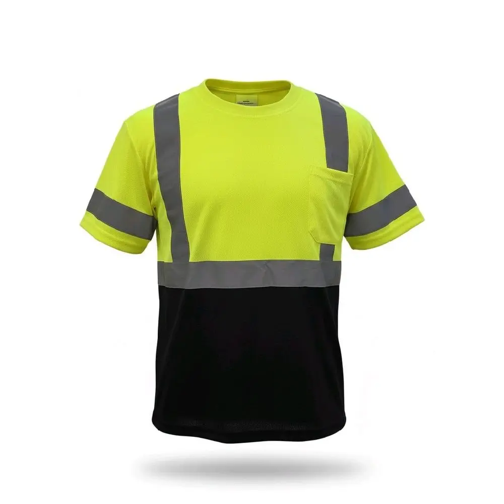 Hi-Vis Yellow-Black Short-Sleeve Striped Safety Workwear T-Shirt - Protective Workwear Top, Durable Fabric Handles Daily Shifts, High-Quality Fabric, Reflective Strips, Visibility Boost, Bold Black Accents, 1 Pocket, Work Safety Equipment