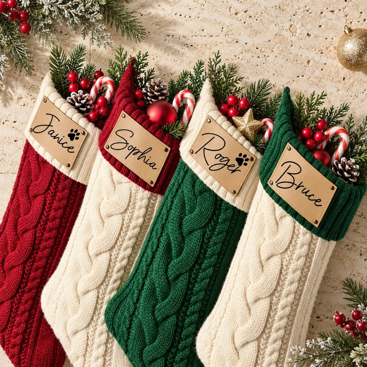 2026 Engraved Leather Patch Stockings,Knit Family Christmas Stockings with Name,Dog Bone Christmas Stockings,Holiday Decor, Made to Order