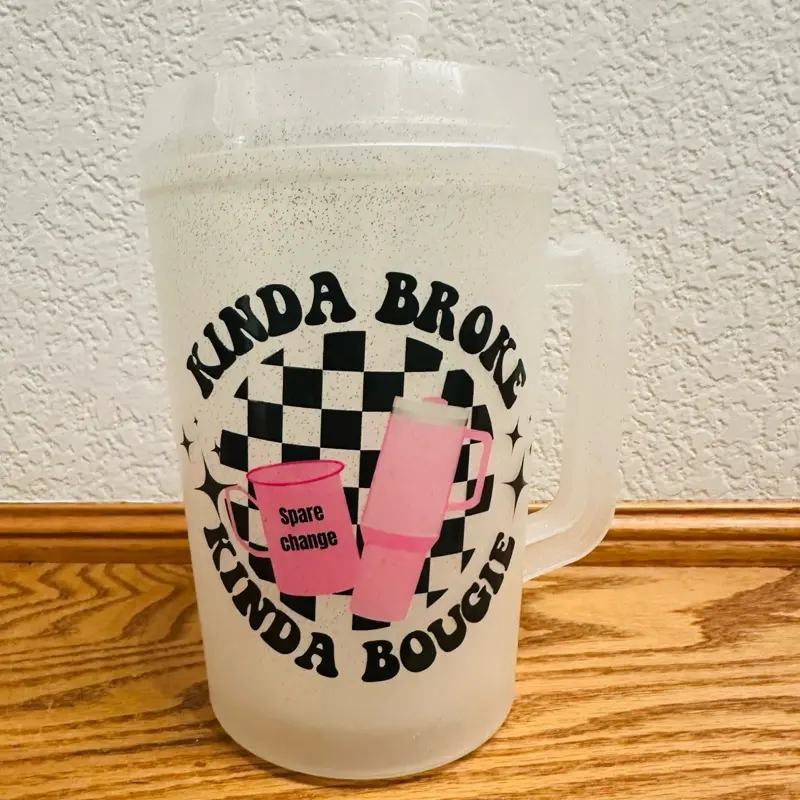 Kinda broke Kinda Bougie 34oz Trucker Mug - Perfect for Your Morning Drinks - Drinkware, Cup Reusable Tumbler Washable Coffee Beverage Lid Stylish
