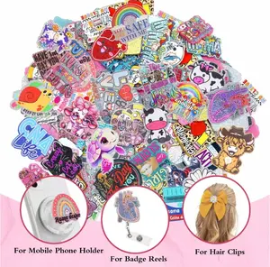 Random 20pcs Cartoon DIY Acrylic Cartoon FlatBack +10pcs Retractable Badge Reels+10pcs Mobile Phone Holder