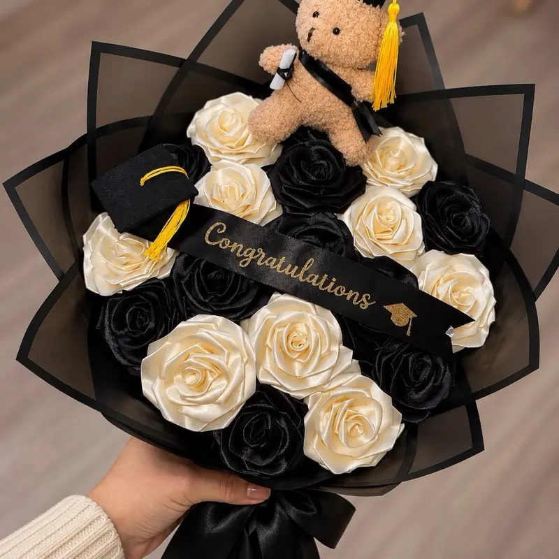 Graduation Rose Bouquet with Teddy Bear | Black & White Satin Roses | Congrats Grad Gift | Handmade Graduation Bouquet | Senior Gift
