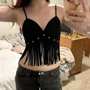 y2k Crop Tops Women Solid Color Tassel Trimmed V Neck Spaghetti Strap Sleeveless Camisole Vest