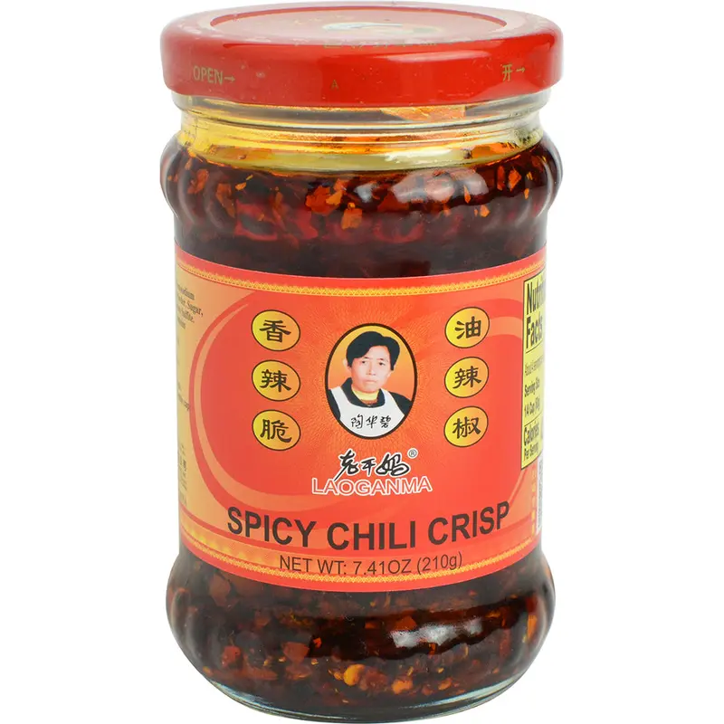 Lao Gan Ma Crispy Hot Chili Paste - Traditional Fermented Soy and Garlic Chinese Condiment, Spicy Seasoned Cooking Sauce, Savory Sauce with Spicy Crunch, Salty & Savory Umami Dip, MSG-Containing Ambient Shelf-Stable Staple