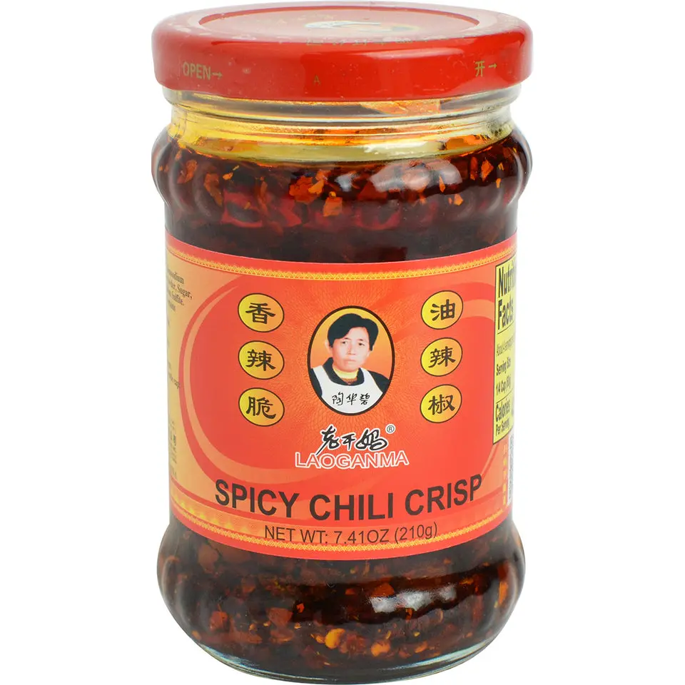 Lao Gan Ma Crispy Hot Chili Paste - Traditional Fermented Soy and Garlic Chinese Condiment, Spicy Seasoned Cooking Sauce, Savory Sauce with Spicy Crunch, Salty & Savory Umami Dip, MSG-Containing Ambient Shelf-Stable Staple