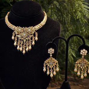 22K Gold Plated Handmade Necklace & Earring Set | Real Moissanite | Luxury Indian Bridal Jewelry #001