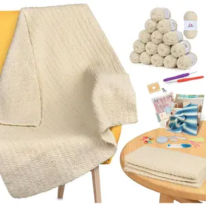 Easy Crochet Blanket Kit for Beginners, Complete Kit with Soft Chenille Yarns, Detailed Instruction and Crocheting Accessories, Khaki