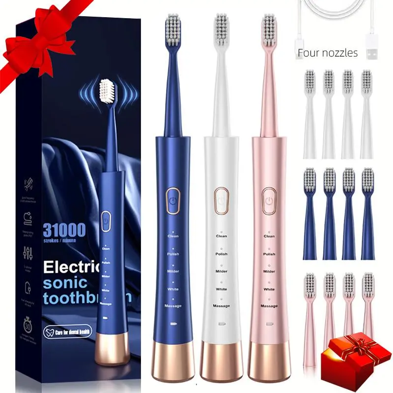 Electric USB Charging Toothbrush, 1 Count Soft Bristles Toothbrushes & 4 Counts Brush Head & 1 Count Charging Cable, Intelligent Cleaning Toothbrushes, Gift