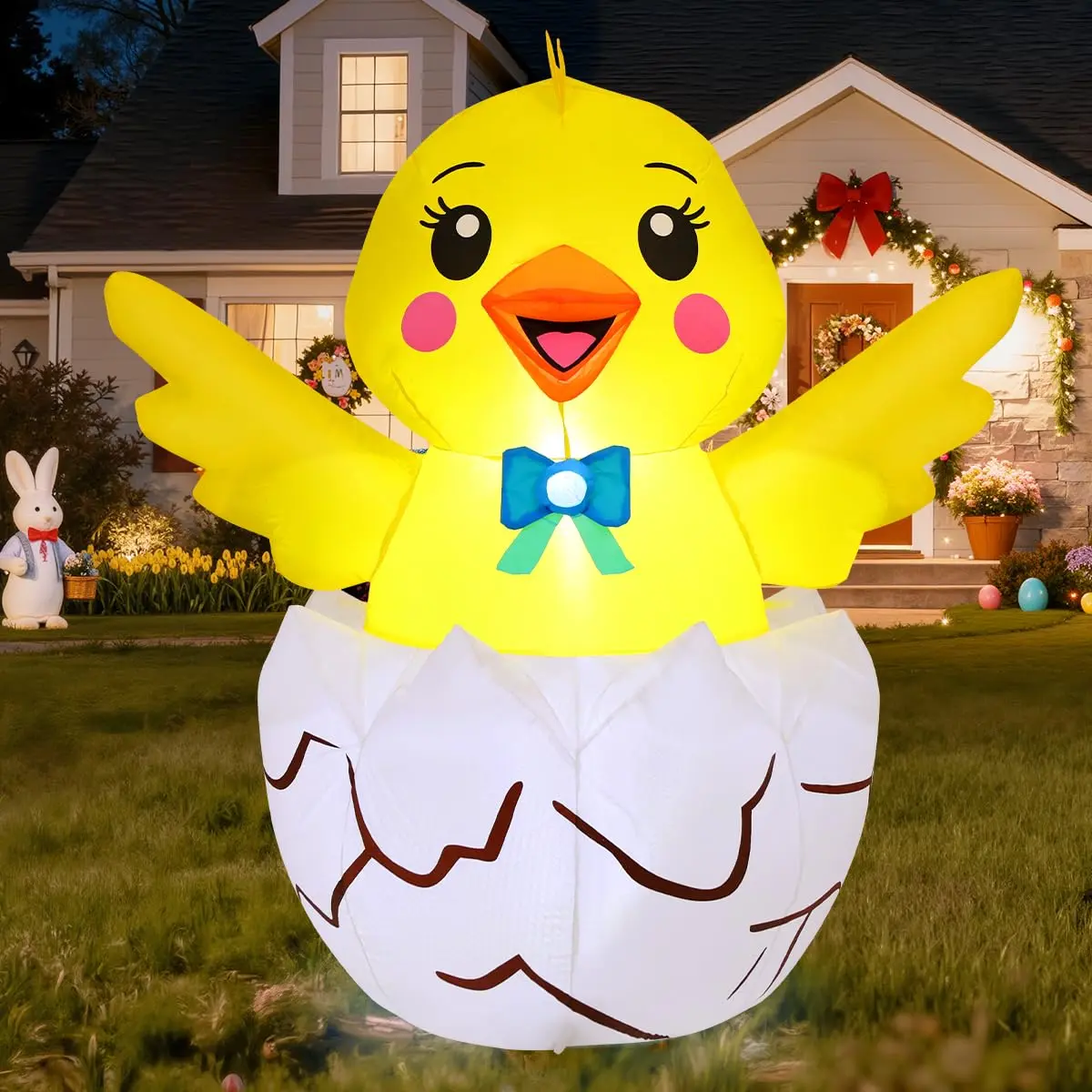 4.2 FT Polyester Easter Inflatable Chick with Built-in LED Lights, Blow-Up Decoration for Outdoor Lawn, Indoor Easter Party Holiday Display
