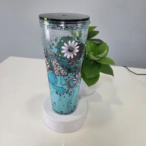Glitter Lava Effect Snow Glove Tumbler with Floating Glitter in Liquid Between Walls Vaso Tipo Snow Globe Reusable Portable Washable Drinkware