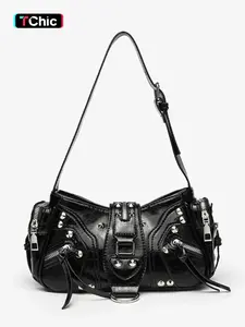 Women's Oil Wax Leather Patchwork Colorblock Underarm Bag, Simple Versatile Commuter Motorcycle Shoulder Crossbody Bag, Fashionable Daily Crossbody, Casual Crossbody
