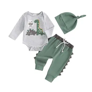 Newborn Baby Boys Fall Winter 3Pcs Outfits Dinosaur Print Long Sleeve Romper Serrated Elastic Waist Long Pants Beanie Hat Clothes Set