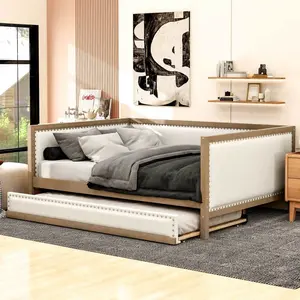 [Bellemave]Full Size Upholstered Daybed with Trundle and Nailhead Decoration, Wood Color