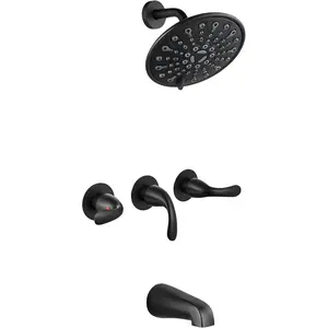3 Handle Tub Shower Faucet Set, Bathtub Shower Fixture,Bathroom Tub and Shower Faucet Combo Shower System Complete Tub and Shower Trim Kit with 6 Settings Showerhead Matte Black