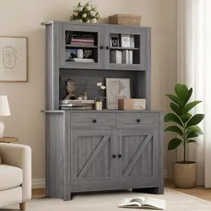 Garvee Kitchen Pantry Cabinet with Microwave Stand and Buffet Hutch, Freestanding Tall Storage Cabinet with Adjustable Shelves for Kitchen and Dining Room, Available in Dark Grey, Brown, White, and Black