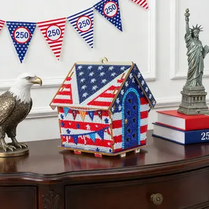 3D Wooden Block House Diamond Painting Kit - Beginner-Friendly DIY miniature house kit , U.S. 250th Independence Day 4th of July Keepsake, Diamond Art Home Decor & Gift Idea