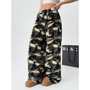 Women's Camouflage Plush Sleep Pants - Oversized Loose-Fit Winter Lounge Pants with Camo Print, Soft Plush Fabric, Machine Washable, Cozy Pajama Bottoms for Women in Green/Brown/Beige/Tan (Autumn/Winter), Night Pants for Women, Plus Size Pajama Pants, Win