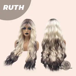 JBEXTENSION 30 Inches Long Body Wave Platinum Blonde with Dark End Wig with Bangs RUTH