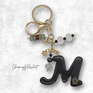 Personalized Black Glitter Initial Keychain – Gold Letter Charm, Custom Beaded Bag Charm Gift
